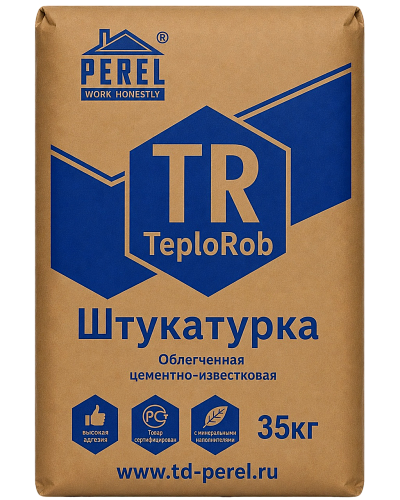 Perel TeploRob TR, 35 кг, облегченная цементная штукатурка с перлитом Perel TeploRob TR, 35 кг, облегченная цементная штукатурка с перлитом