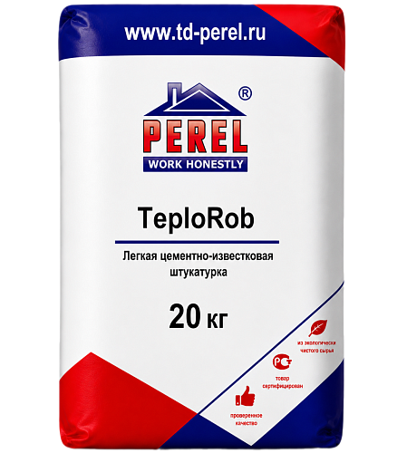 Perel TeploRob, 20 кг, легкая цементная штукатурка с перлитом Perel TeploRob, 20 кг, легкая цементная штукатурка с перлитом